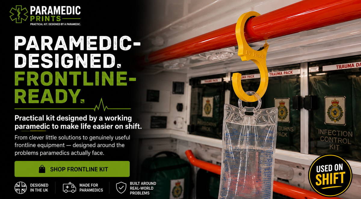 Paramedic Prints Frontline Ready IV Hook and Tape Holder kit, showing the yellow IV hook holding a fluid bag inside an ambulance, with product components listed at the bottom.