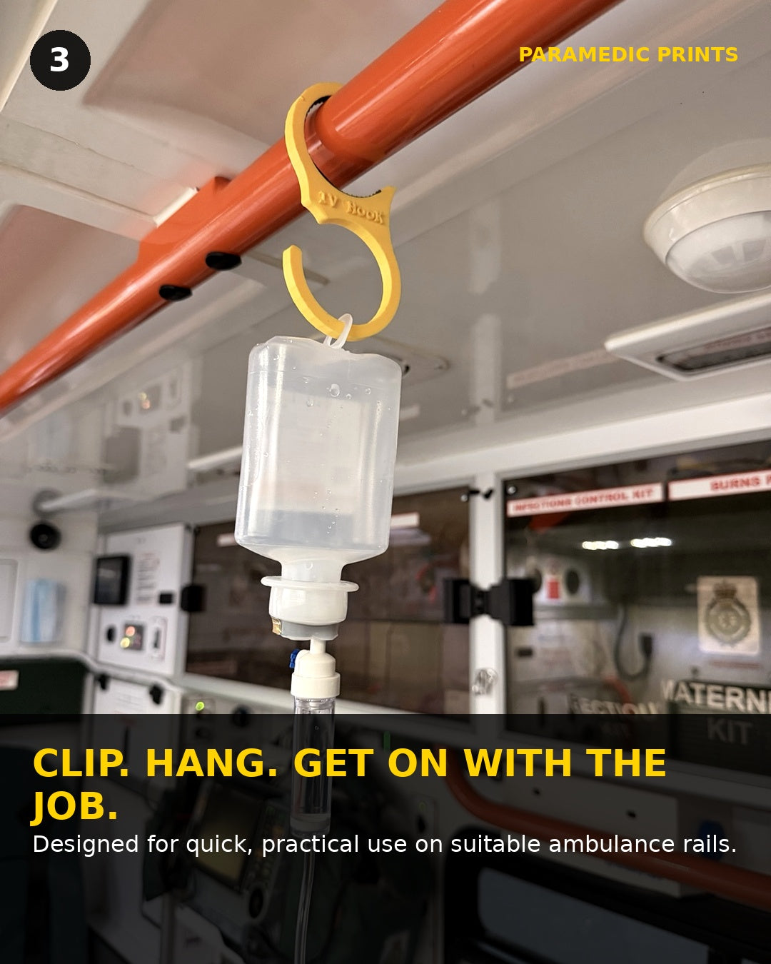 IV Hook clipped onto an ambulance rail showing how it is used